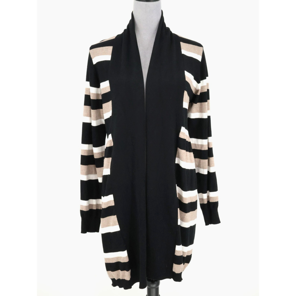 Red Sweater Womens XL Beige Black Stripe Long Cardigan Open Front Shawl Collar